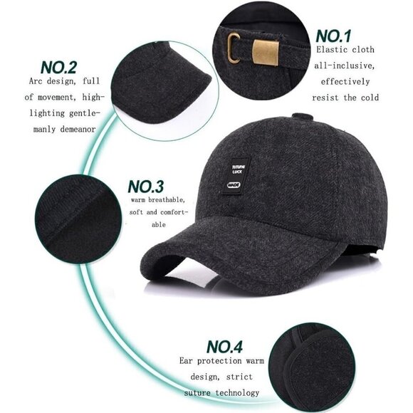 Men's  Winter Warm Wool Tweed Peaked Baseball Cap Hat Fold Earmuffs Warmer - Picture 5 of 6